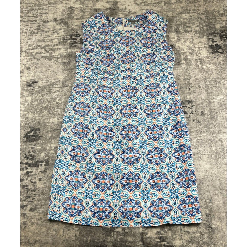 Jessica London 12W Blue White Peach Linen Rayon Maxi Dress Floral Tile Resort